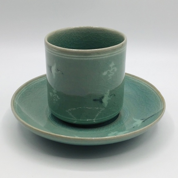 VINTAGE Celedon Tea Set Cup and Sugar Bowl Asian Flying Crane Crackle Glaze Blue - Picture 4 of 11